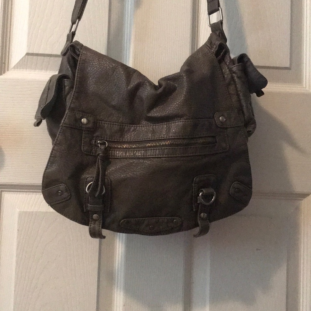 Gray faux leather messenger bag